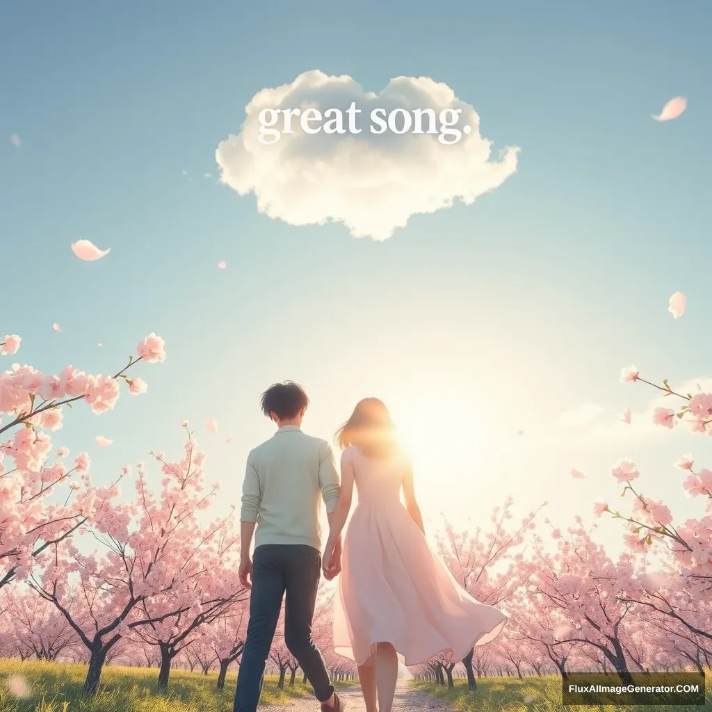 Two lovers are walking with the shining sunlight behind them, and between them are numerous brilliant cherry blossoms fluttering in the wind. In the sky, there is a fluffy cloud shaped like the letters "greatsong." - Image