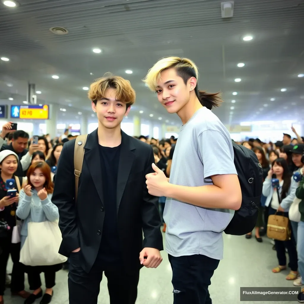 A man with curled, blonde ear-length hair and a man with low pony-tailed black hair are holding each other’s hands in front of a large crowd of fans at the airport. Both are dressed in K-pop idol style, and the blonde man is slightly taller than the black-haired man. - Image