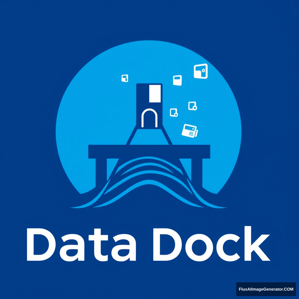 Modern, sleek logo for Data Dock, a content storage company. Stylized dock extending into a digital sea of data. Vibrant blue and white color scheme. Minimalist yet dynamic design with floating cubes representing stored content. Subtle wave patterns evoke fluidity and accessibility. Conveys security and innovation.