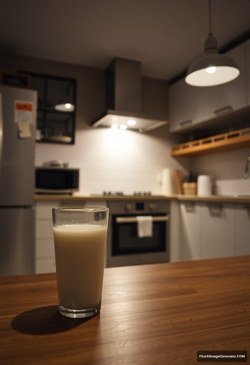 At the modern kitchen, at midnight, under gloomy lighting, a glass of fresh milk is on the table.