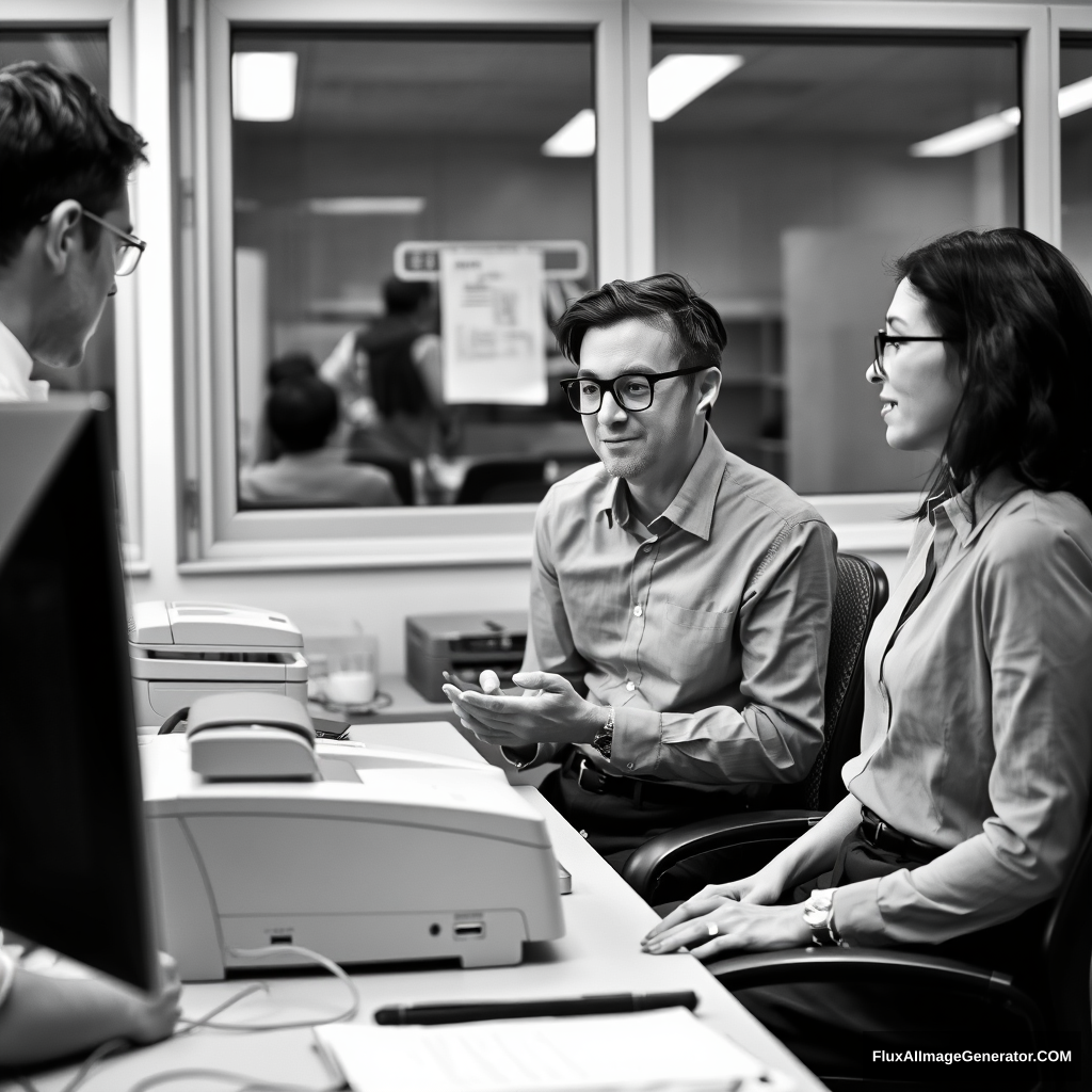 black and white picture  
4 people chatting at work.  
a chair under a desk  
wearing his glasses  
copy machine   - Image