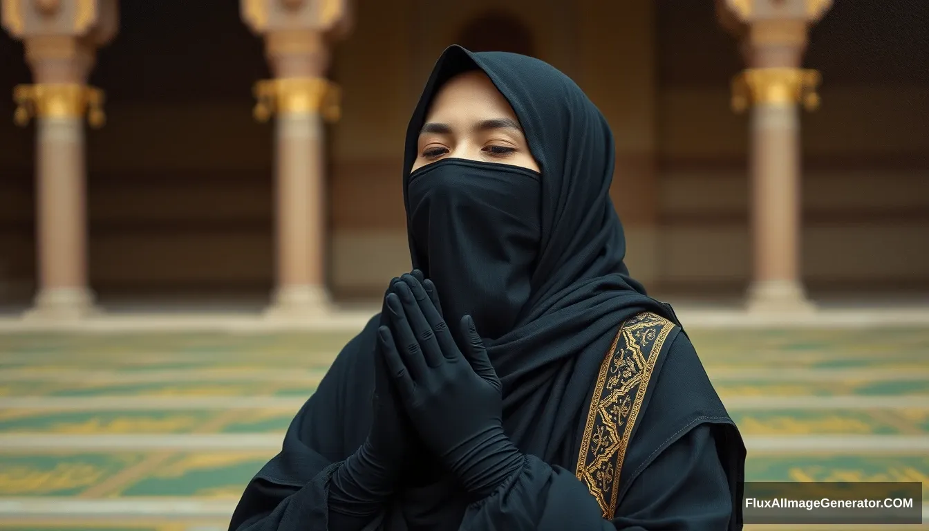 A pious woman praying named Maryam bint Imran. Wearing black gloves and a niqab, Maryam is a woman who is very devout and always maintains her purity. She comes from a very prominent family, and since childhood, she was raised in an environment full of worship and obedience to Allah, wearing a black sarong, with her neck covered by a perfect hijab. Full body, oil painting.