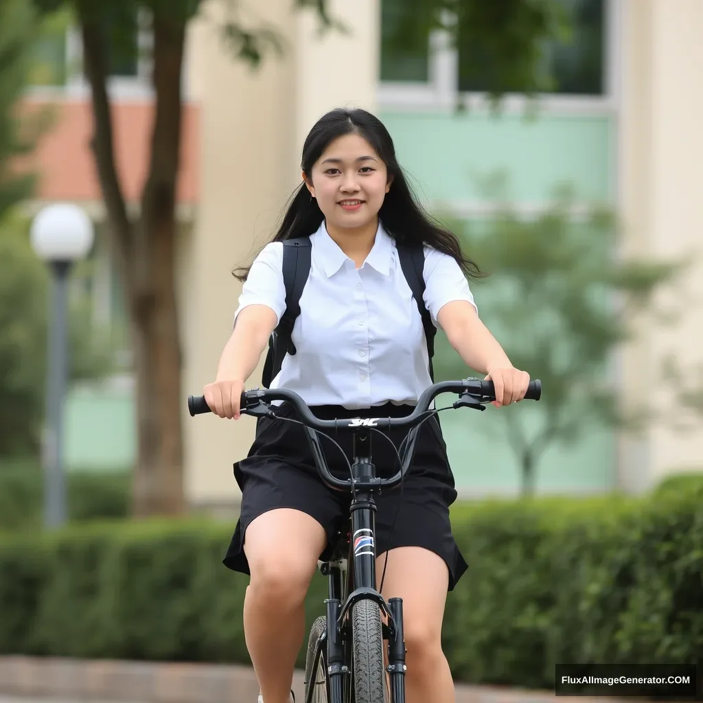 A female student is riding a bicycle.