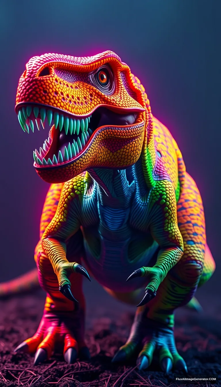 neon rainbow colored t-rex, hyper-realistic photo, 8K, unreal engine, full body shot - Image