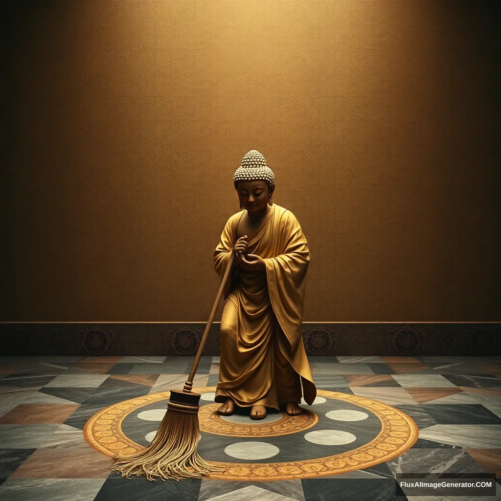 Buddha sweeping floor