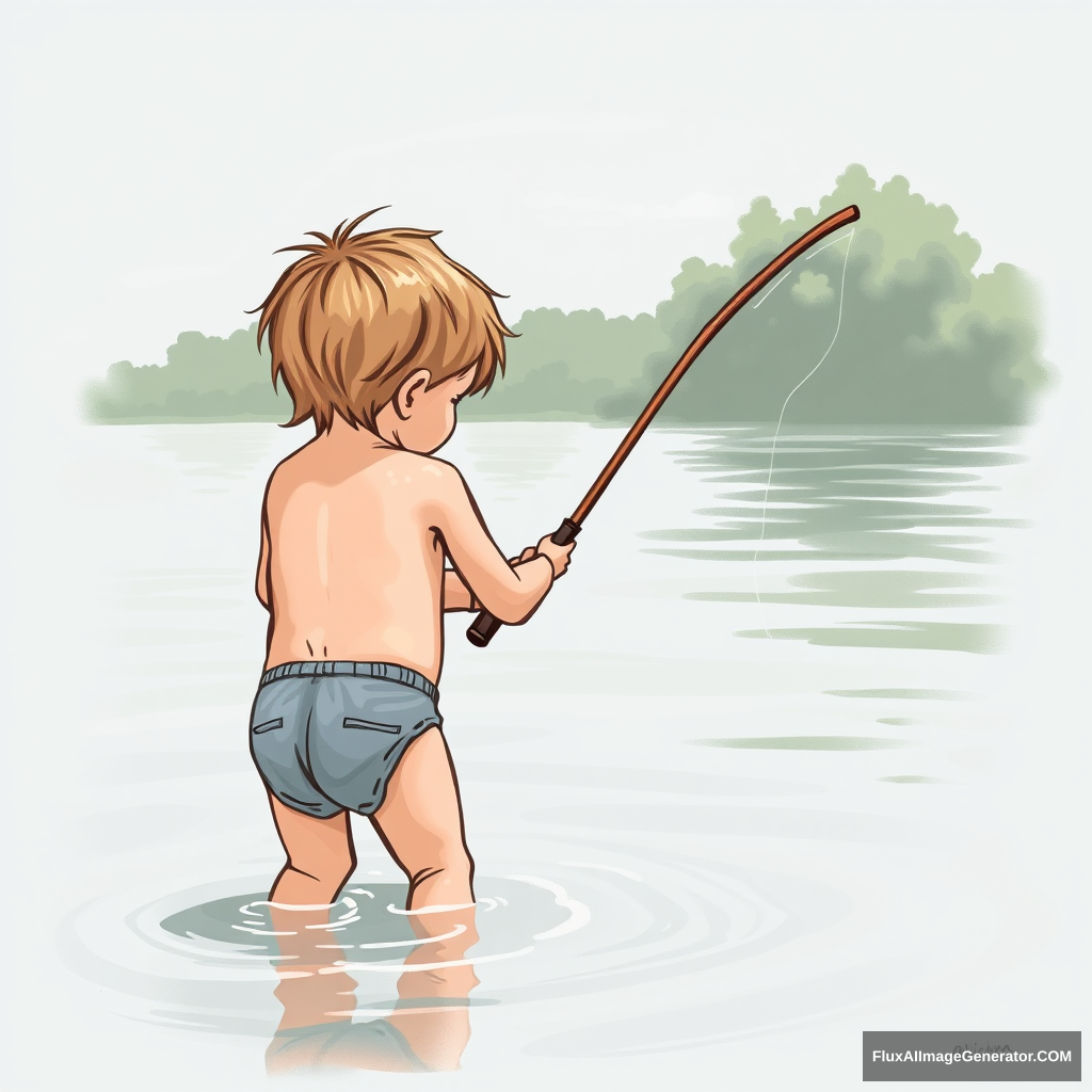 "A little child is fishing in the river with no pants on." - Image