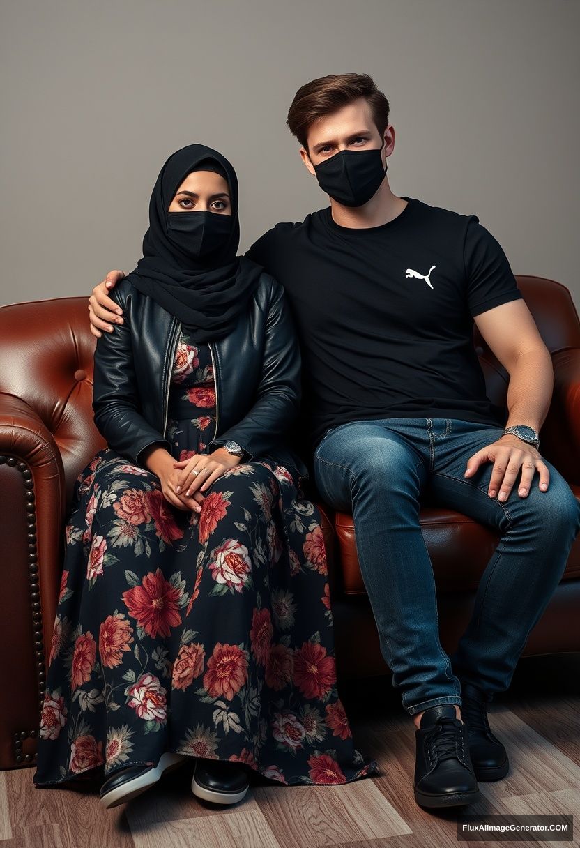 A biggest black hijab girl, slim girl, beautiful eyes, face mask black, black leather jacket, biggest floral long dress, black leather sneaker, sitting on leather single wing sofa,

Jamie Dornan, youngest, puma black T-shirt, jeans, black leather sneaker, tall man, face mask black, fit body, sitting near her,

hyper realistic, studio photography.