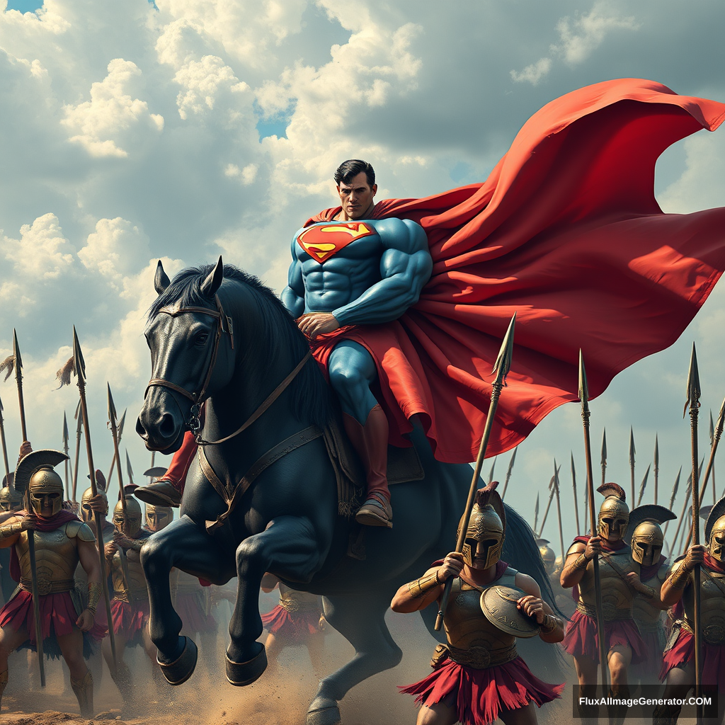 Giant oversized muscular Superman with huge arms riding a muscular black horse into battle, giant Spartans holding spears in battle formation.