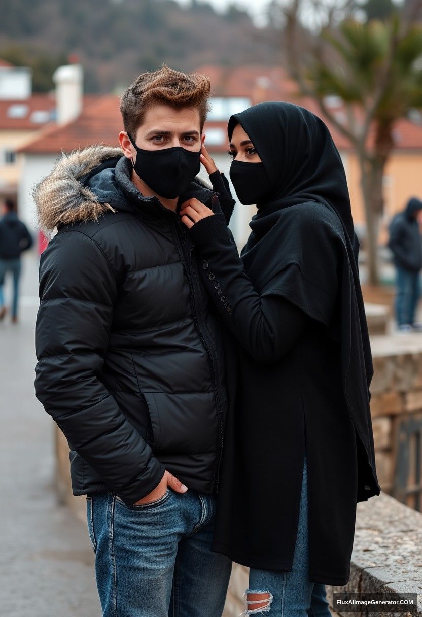 Jamie Dornan, handsome, young, wearing a black face mask, snow jacket, jeans, dating a beautiful Muslim girl with a black hijab and captivating eyes, both wearing black face masks, standing close together near a wall in a town, playfully pinching each other's cheeks, photorealistic, street photography. - Image