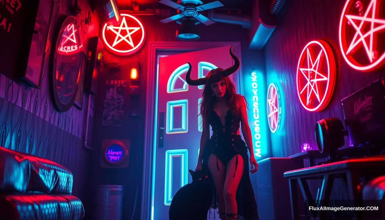 Portrait of a couple: A beautiful goth demon woman steps through a glowing door into a dimly lit cyberpunk room with vibrant neon hues reflecting off metallic surfaces, neon pentagrams on the wall and ceiling, and a black cat lurking.