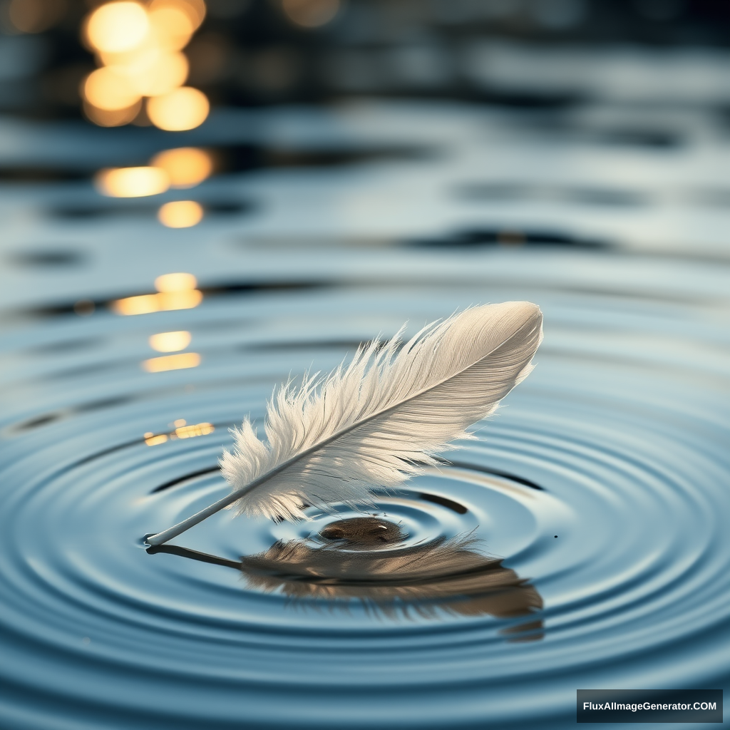 A delicate white feather floated on the water surface, reflecting moonlight and creating an elegant and peaceful atmosphere. The reflection of ripples in calm waters added to its beauty. Soft tones enhanced the tranquility of nature. A close-up shot captured the feather's details against the backdrop of shimmering reflections. This photo was taken with a Canon EOS R5 camera using a macro lens for sharp focus and depth in the style of nature photography. - Image