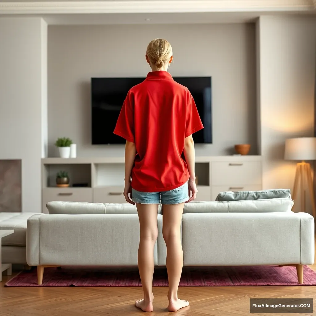 Front view of a young blonde skinny woman who is in her early twenties in her massive living room wearing a massively oversized red polo t-shirt that is a bit off balance on one shoulder, with the bottom part tucked in. She is also wearing light blue denim shorts and she is barefoot, standing facing her TV with both arms straight down. - Image