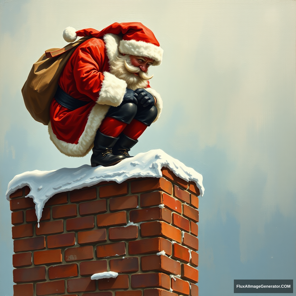 Santa squatting on top of a chimney, grunting as he holds on to the top edge, a painting by Authur Sarnoff, 4k.