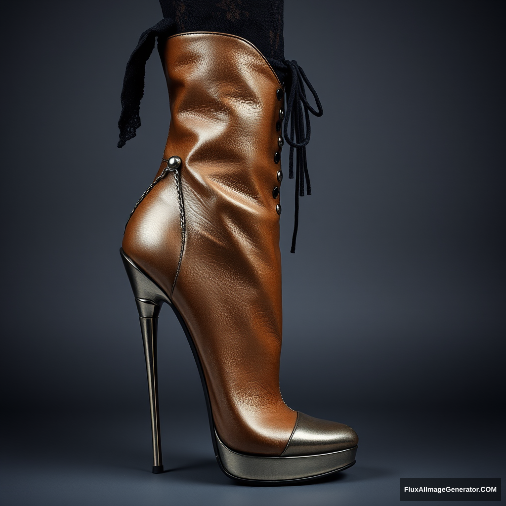 A high-fashion stiletto boot with a unique heel designed as a metallic sculpture of an entire woman's body in an artistic and sexy pose who embraces the boot body, intricate details, leather, suede parts, nails, lace.