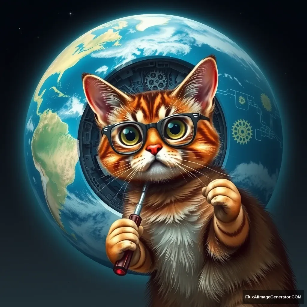 Realistic style, a tabby cat wearing glasses holding a screwdriver, in front of an Earth-like planet with detailed oceans and continents, the cat is looking at a section of the planet that is opened like a car hood, revealing a complex structure of gears and circuits inside.