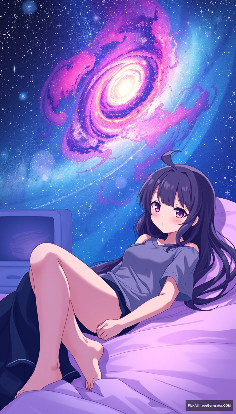 Galaxy anime teen. Cute. Random style. On bed. Looking shy. - Image