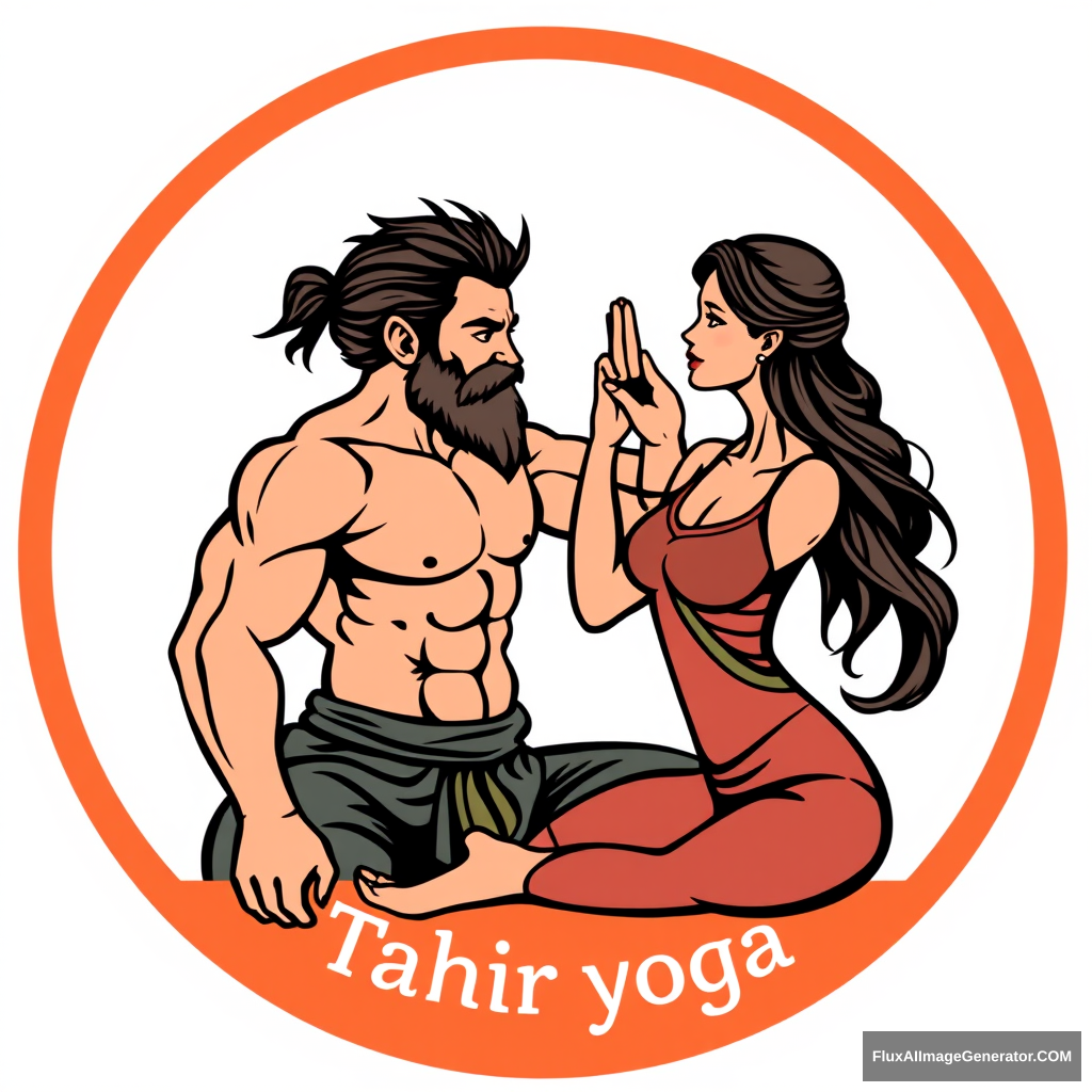 Typical yoga center round logo, but with a muscular dwarf-warrior, sexy-looking and calm, with a beard flirting with a woman by touching her arm in a yoga pose. The text on the logo says “Tahir yoga.” - Image