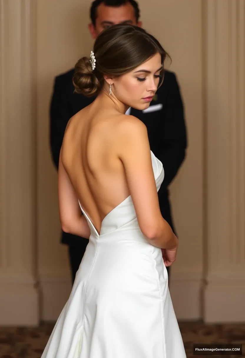 A short young woman, sensitive, delicate, ashamed, in a backless, strapless, side-less, low-waisted, falling contouring wedding dress, in front of patriarchy and expectations. - Image