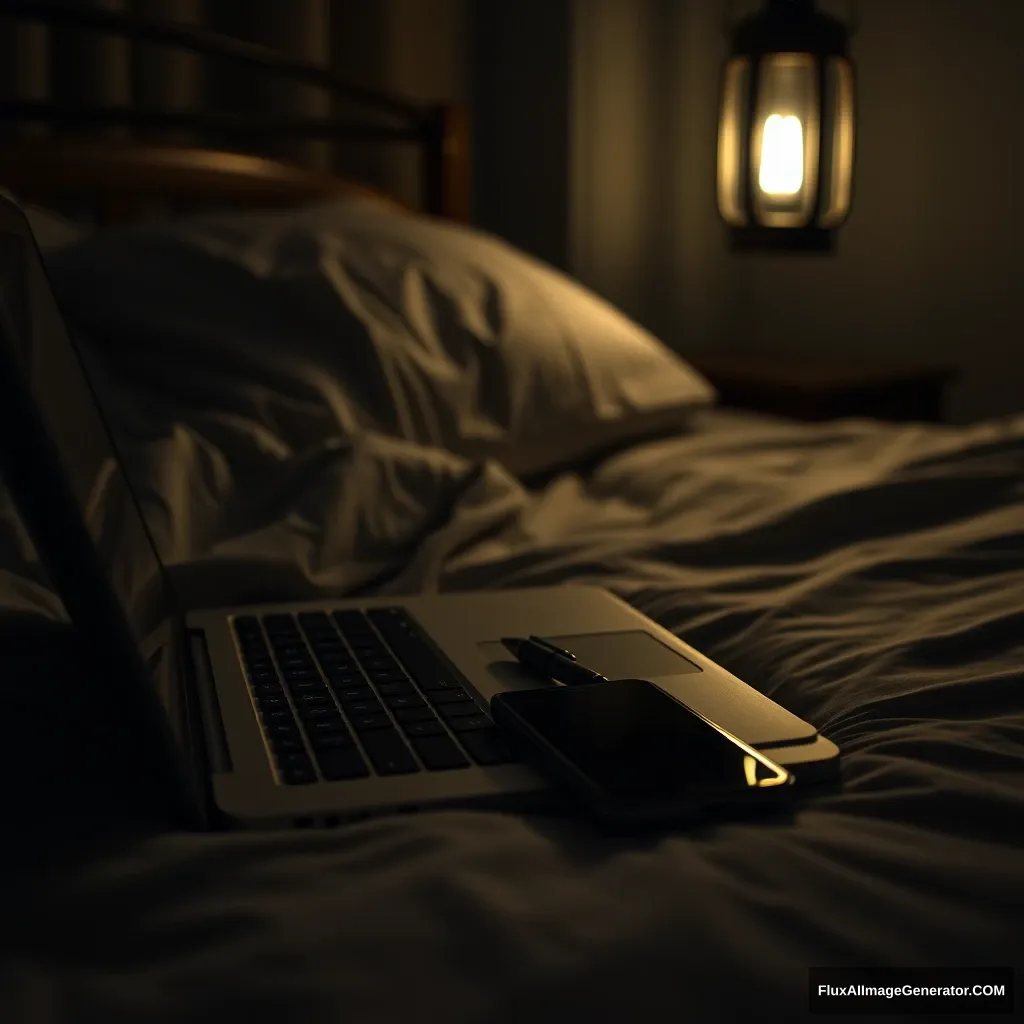 On the laptop, notebook, a pen, phone, on the bed, hyper-realistic, studio photography, lantern light, gloomy. - Image