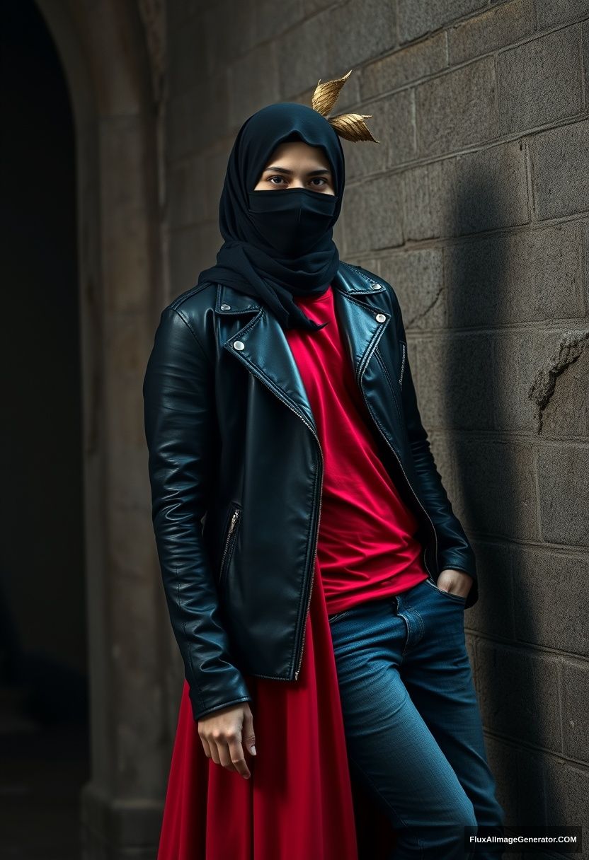 A biggest black hijab girl, beautiful eyes, face mask black, black leather jacket, biggest red longest dress, not tall, leaning at him,

Jamie Dornan, handsome, face mask black, fit and tough body, Nike red t-shirt, black leather jacket, jeans, tall man, leaning against the wall

Hyper realistic, photorealistic, studio photography, Victoria's abandoned castle, gloomy.