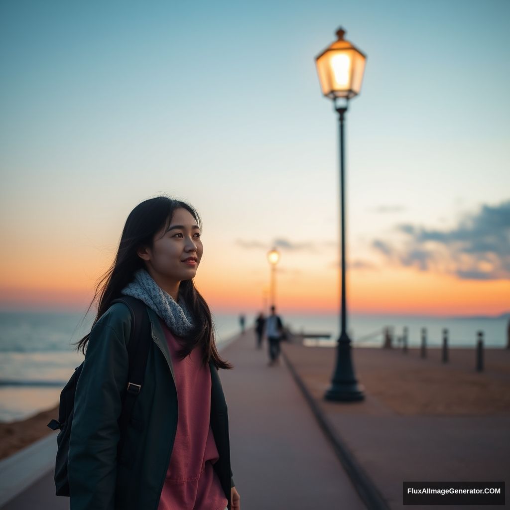 'Female student walking by the seaside, beach, Chinese, street, young girl, dusk, street lamp' - Image