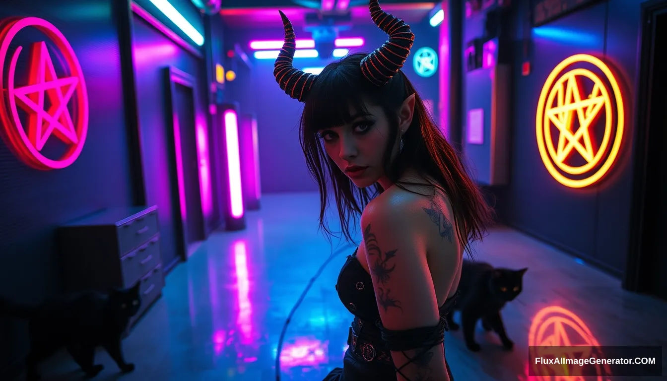 A striking portrait of a beautiful goth woman demon entering a dimly lit cyberpunk room, vibrant neon hues reflecting off metallic surfaces, with glowing pentagrams on the walls and a lurking black cat. - Image