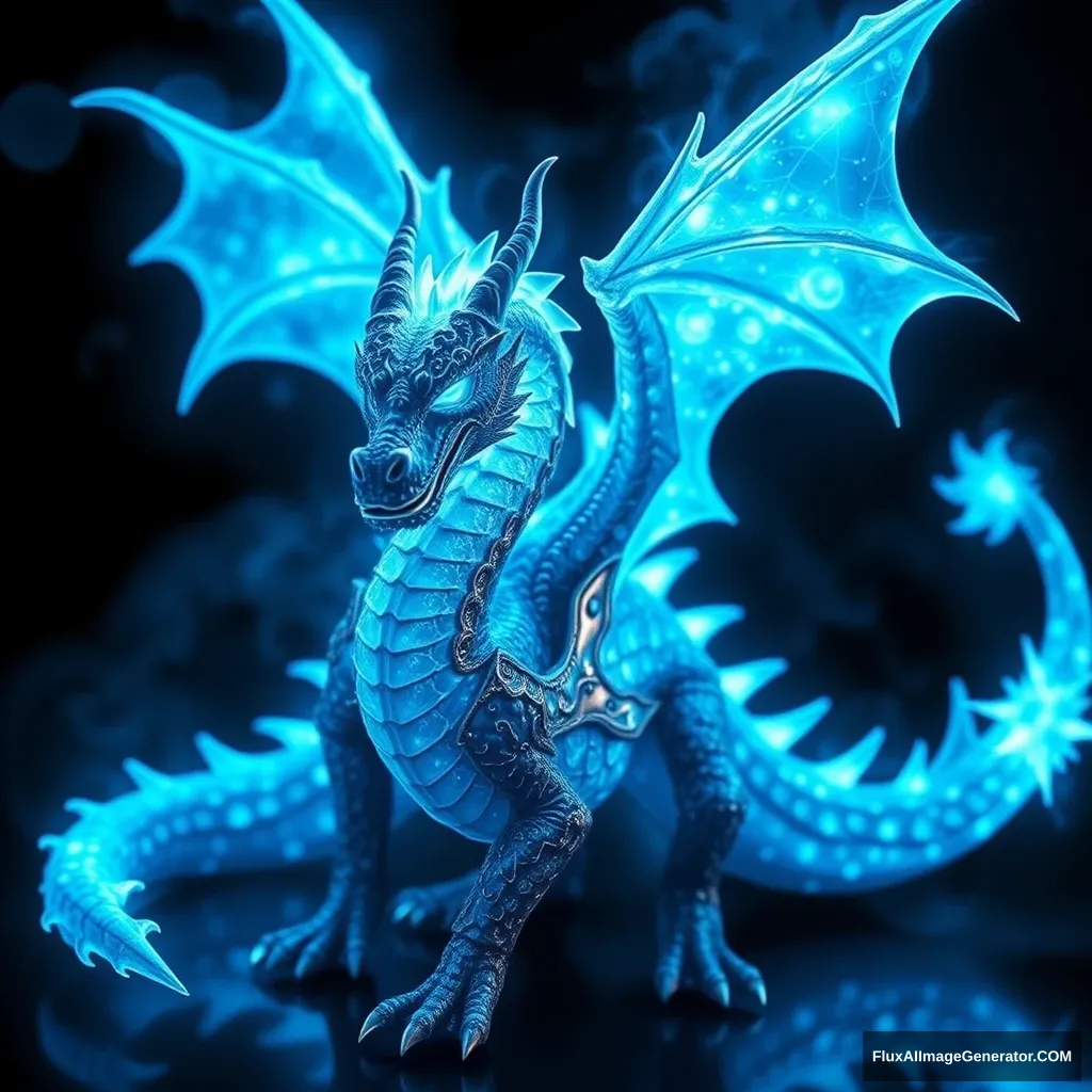 A blue dragon designed to look like it is glowing with the Cherenkov effect. The dragon emits a luminous blue light, similar to the glow seen in nuclear reactors due to charged particles moving faster than light in a medium. The dragon's scales are shimmering, with an ethereal glow, and it appears to be both mystical and powerful. - Image