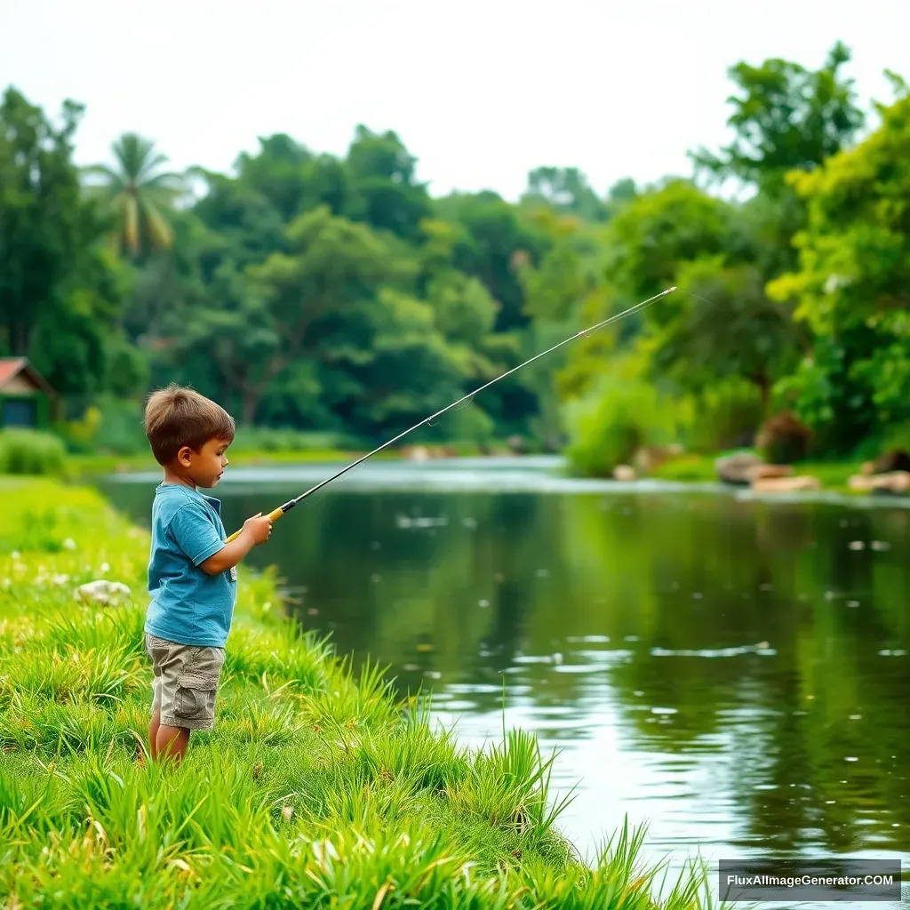 Small boy fishing in a lush green riverside.