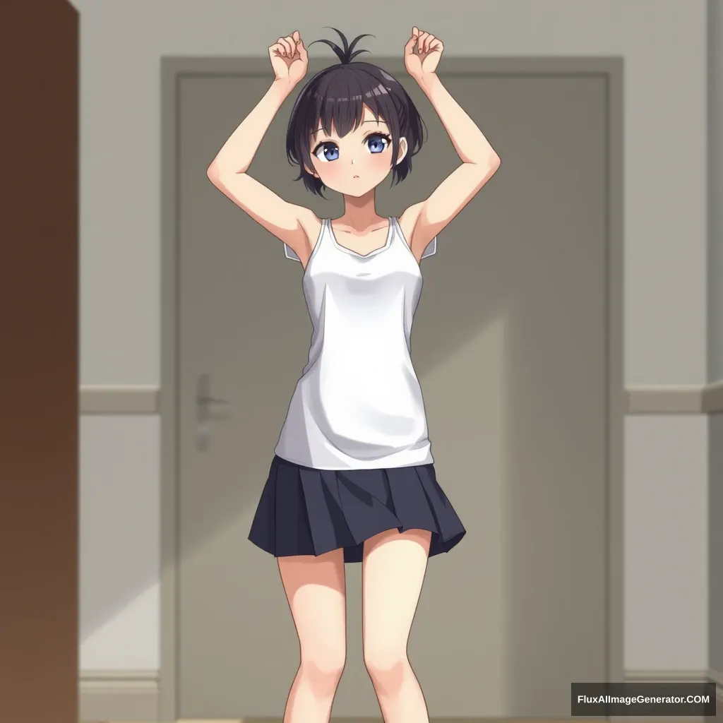 A girl, short hair, ponytail, slim waist, indoors, raising arms, lips, high heels, skirt, realistic style.