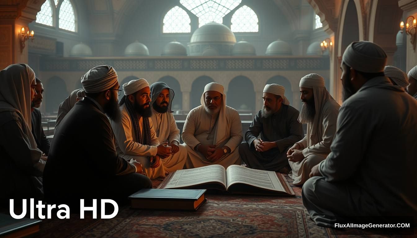 A reflective scene showing a group of Muslims contemplating and discussing the story of Tamim ad-Dari and Dajjal, set in a peaceful, scholarly environment. Ultra HD, realistic, contemplative, with warm and cinematic lighting. - Image