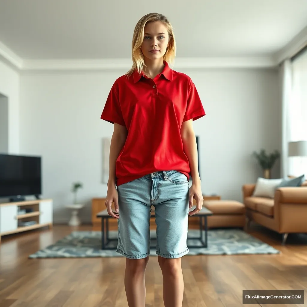 Front view of a young blonde skinny woman in her early twenties in her massive living room, wearing a massively oversized red polo t-shirt that is slightly off-balance on one shoulder. The bottom part of her t-shirt is tucked in, and she is wearing light blue denim shorts. She is barefoot, standing in front of her TV with both arms hanging straight down.