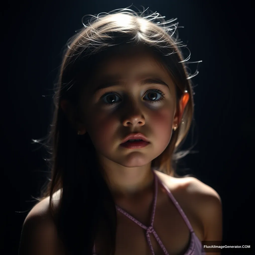 The light was focused on the girl's face,  
Background: Black background and a beam of light from overhead, soft lighting.  
A girl was crying, looking at me  
The girl was wearing a halter top with beautiful lines. - Image