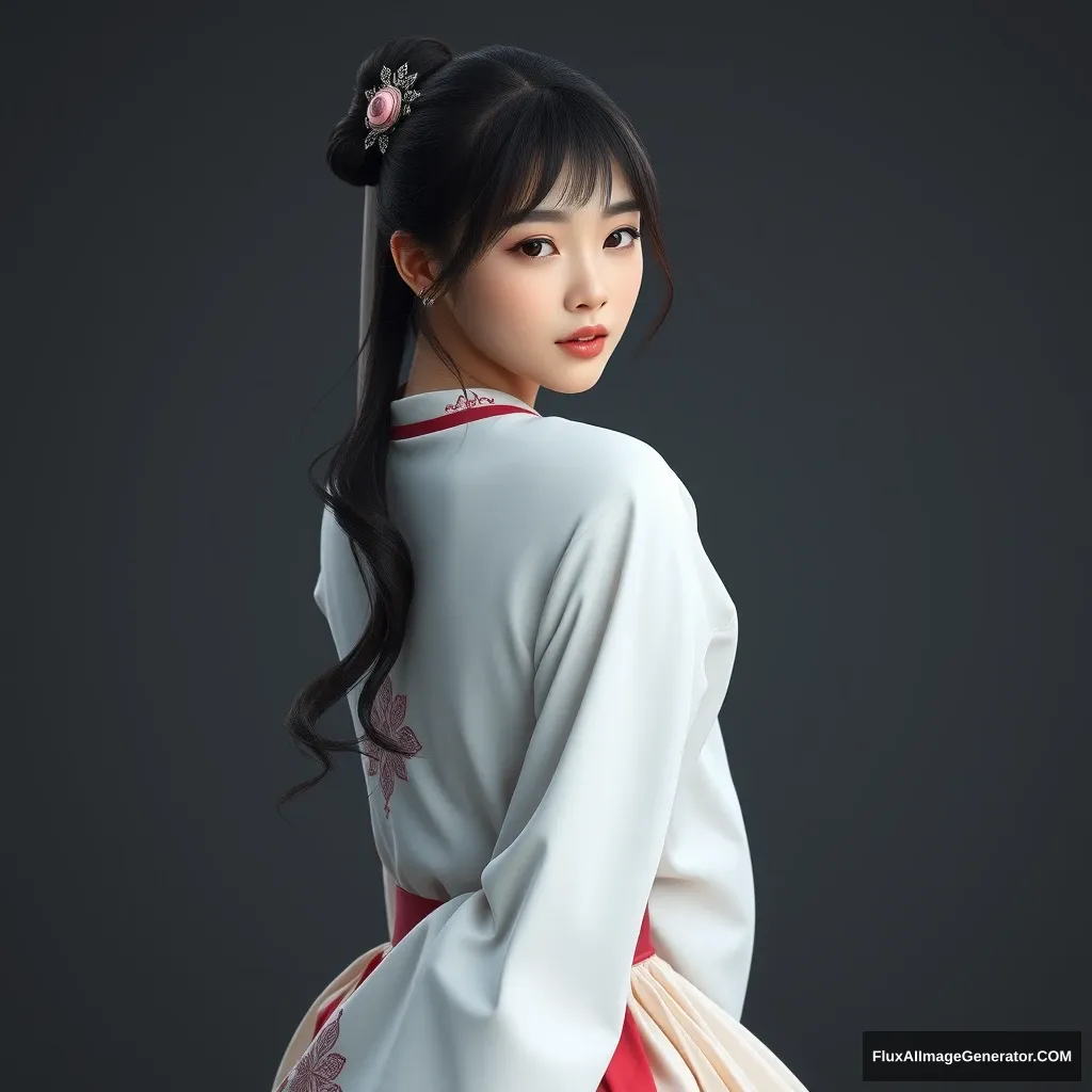 A gorgeous and elegant girl (like Tang Wei) is wearing Korean traditional clothing, with tousled hair and a hairpiece, the skirt hemline at the back, in a hyper-realistic photo created using Unreal Engine.