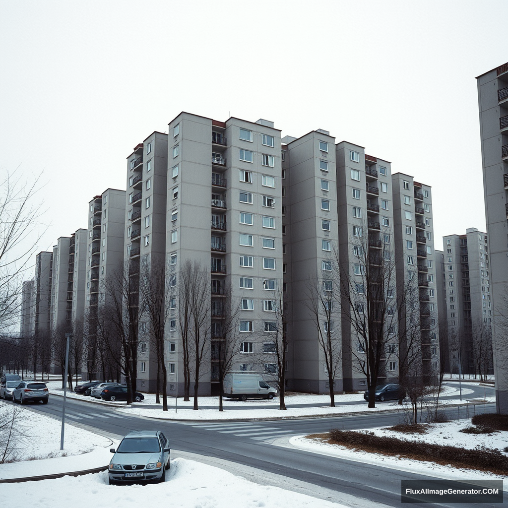 Generate a photograph in the style of New Topographics photographers like Stephen Shore and Mark Power. The subject is a housing estate in Poland, featuring eleven-story concrete panel buildings built in the 1980s. The image should be devoid of people. The sky can be overcast and the season is winter. The buildings are grey in color. Focus on the stark geometry and repetitive patterns of the architecture, highlighting the mundane and overlooked aspects of the urban environment. Consider incorporating elements like bare trees, parked cars, snow on the ground, and the general bleakness of the winter landscape. The overall aesthetic should be objective and documentary-style, emphasizing the unromanticized reality of the scene.