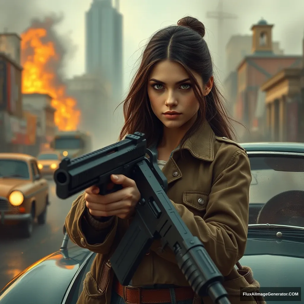 a girl with a gun, city, war, car, true