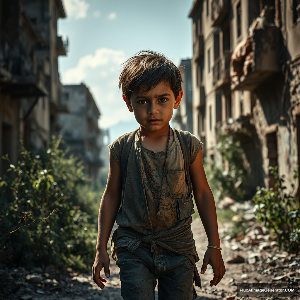 Realistic photography of a young boy with dirty, tattered clothes and a determined look, walking through a desolate, post-apocalyptic cityscape with crumbling buildings and overgrown vegetation, harsh sunlight casting deep shadows, 4K ultra-high definition, muted and desaturated colors to reflect the bleak atmosphere, dynamic composition with the boy slightly off-center, capturing the struggle and resilience in his expression, Canon EOS R5, 50mm, f2.8.