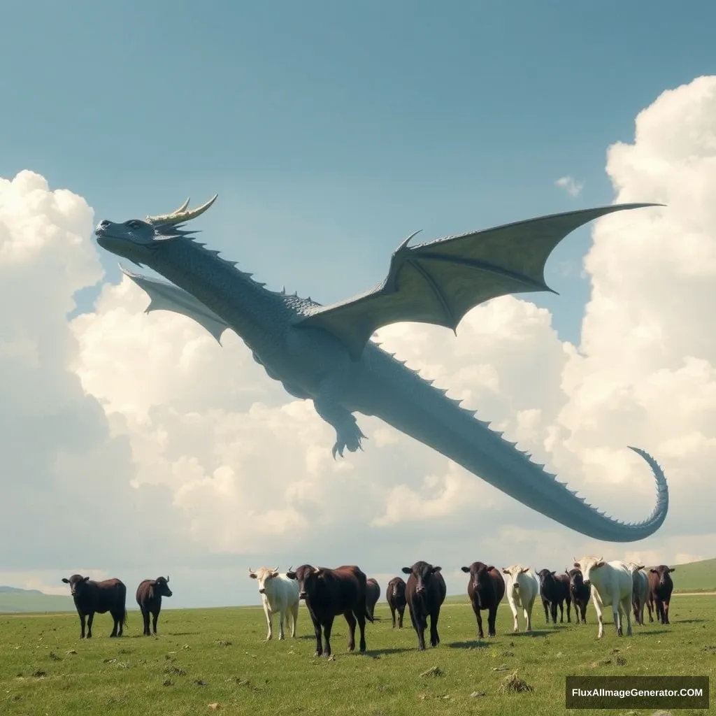 "There is one dragon in the sky and ten cows on the ground."