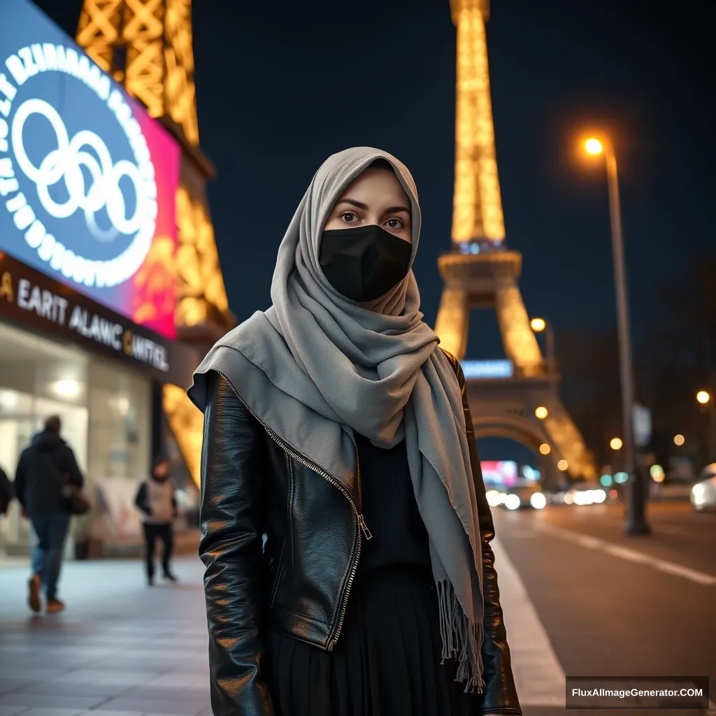 A biggest grey hijab Muslim girl, beautiful eyes, face mask black, black leather jacket, biggest longest skirt, standing near Eiffel Tower theme Olympic logos, night scenery, hyper realistic, street photography.