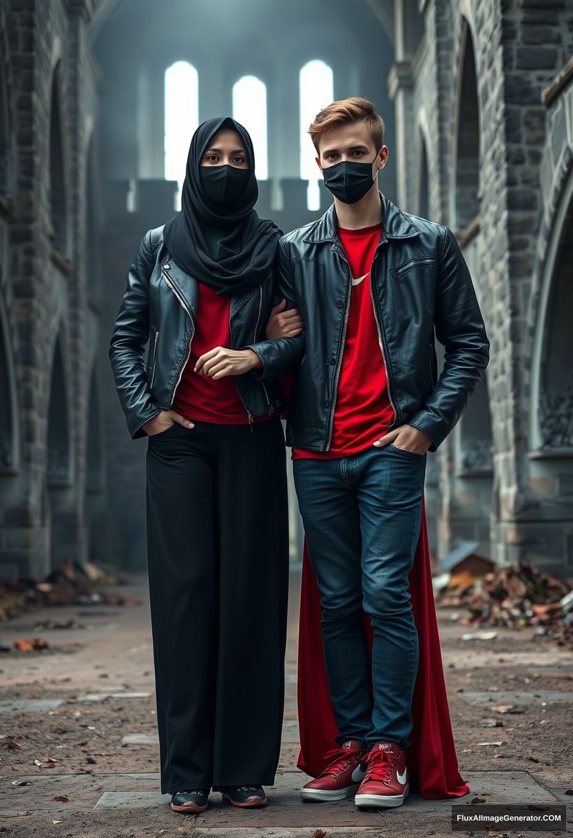 A biggest black hijab girl, beautiful eyes, face mask black, black leather jacket, biggest red longest dress, untall, standing near him and love, hold his arm,

Jamie Dornan, handsome, youngest, face mask black, fit and tough body, Nike red t-shirt, black leather jacket, jeans, red sneaker, tall man, standing near her

Hyper realistic, photorealistic, studio photography, Victoria's abandoned castle, gloomy.