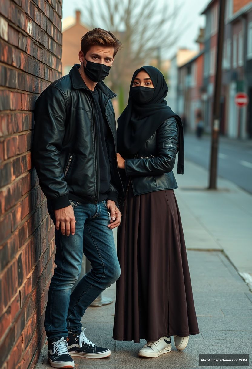 Jamie Dornan, handsome, young, black face mask, collage jacket, jeans, dating a beautiful Muslim girl in the biggest black hijab, with beautiful eyes, black face mask, black leather jacket, sneakers, the biggest longest skirt standing or laying against a brick wall, town, morning scenery, photorealistic, street photography.