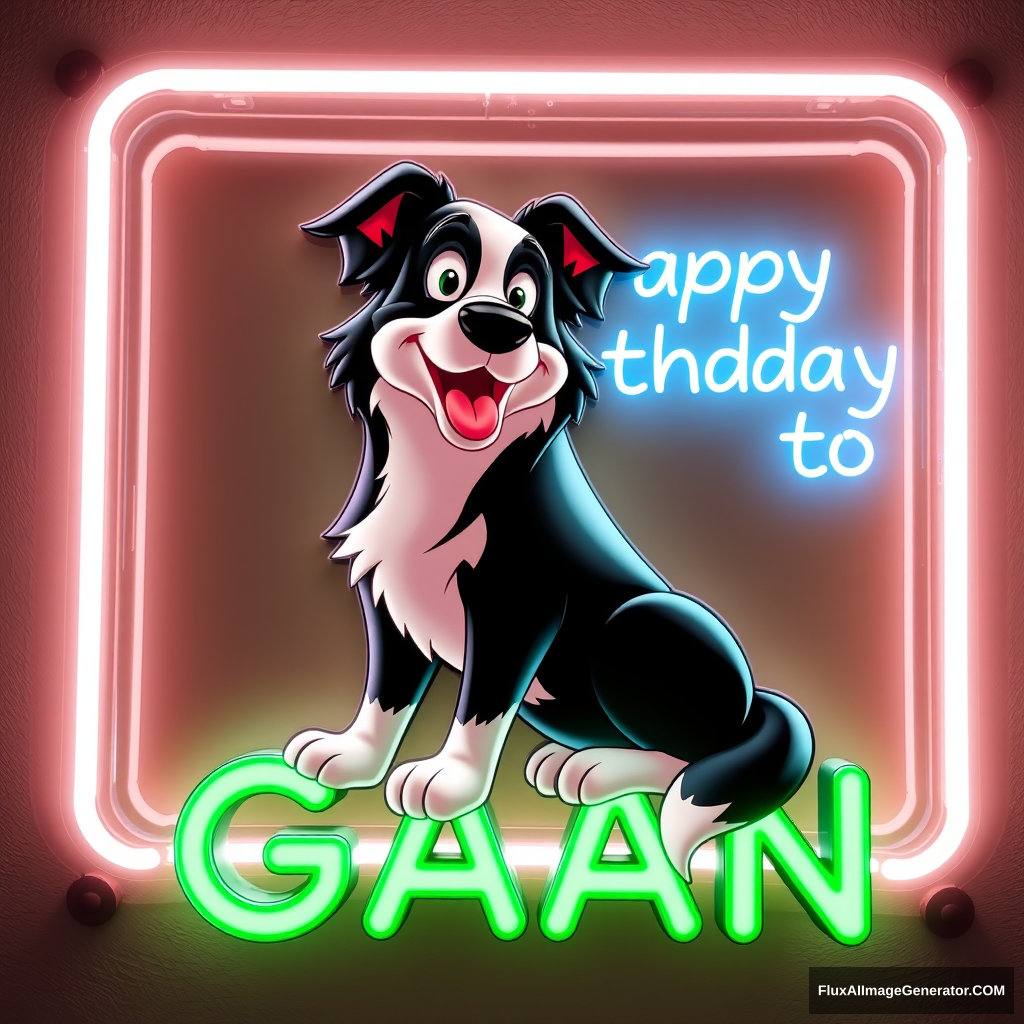 A Disney-style Border Collie sits on a fluorescent sign that reads "Happy Birthday to GAN."