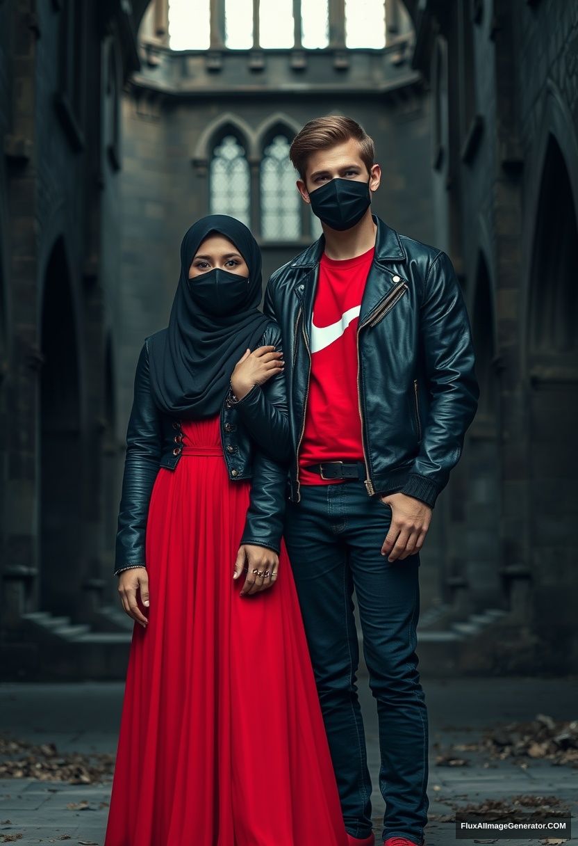 A big black hijab girl, beautiful eyes, black face mask, black leather jacket, the longest and biggest red dress, short stature, standing with his arm,

Jamie Dornan, handsome, youngest, black face mask, fit and tough body, red Nike t-shirt, black leather jacket, jeans, red sneakers, tall man,

Hyper realistic, photorealistic, studio photography, Victoria's abandoned castle, gloomy. - Image