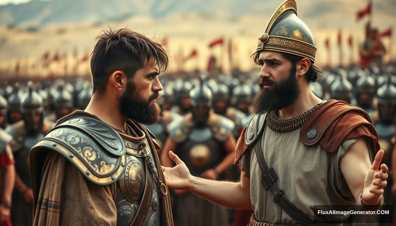 Create an image of two men standing apart and arguing while onlookers crowd around. The man on the right is a young man with messy, unkempt hair and a short beard; he is wearing just a simple biblical-era shepherd’s tunic. The young man has a serious expression and is looking intently at the left eye of the man he is arguing with. His arms are stretched out to the sides, and he has a serious expression on his face. The king has a black beard and is wearing a full suit of Bronze Age Mesopotamian armor with laminated strips of bronze and a conical helmet with a pointed tip. The background shows a blurred crowd of soldiers also wearing armor similar to that of the king. Standing on the horizon further in the background is a blurred front of a large biblical-era army. The overall mood of the image is one of anxiety and concern.