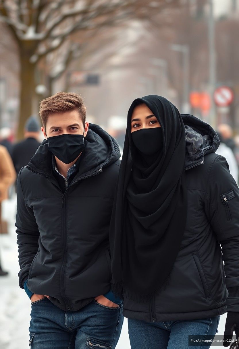 Jamie Dornan's handsome, young face, wearing a black face mask, snow jacket, and jeans, dating a girl in a big black hijab with beautiful eyes. They walk together in a winter scenery, captured in hyper-realistic street photography. - Image