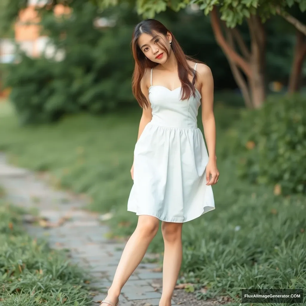 A photo of a pretty young Korean model, in a white summer skirt, full body portrait, leaning forward.