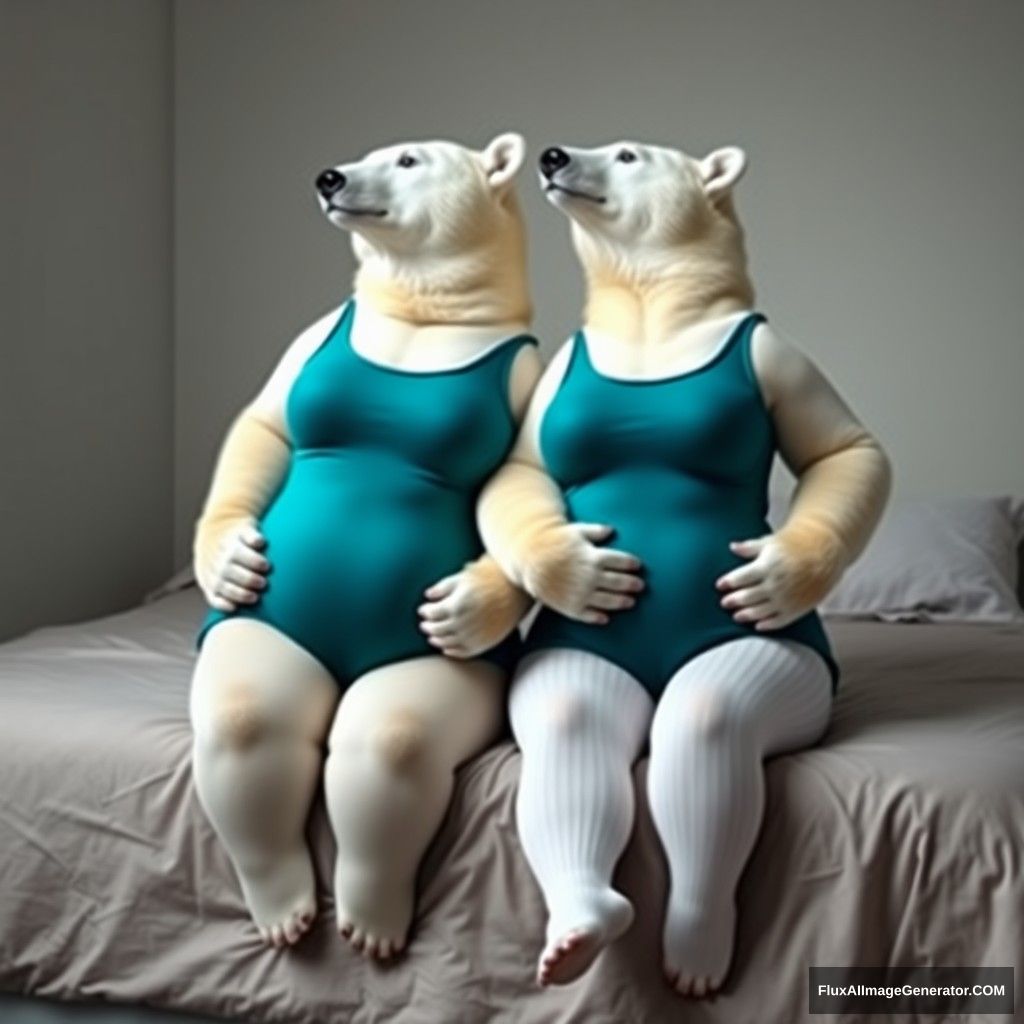 A chubby couple of polar bears, wearing a turquoise navy blue leotard and white ribbed pantyhose, sitting on the edge of a bed, full body pose sideways, hands holding each other's waists. - Image