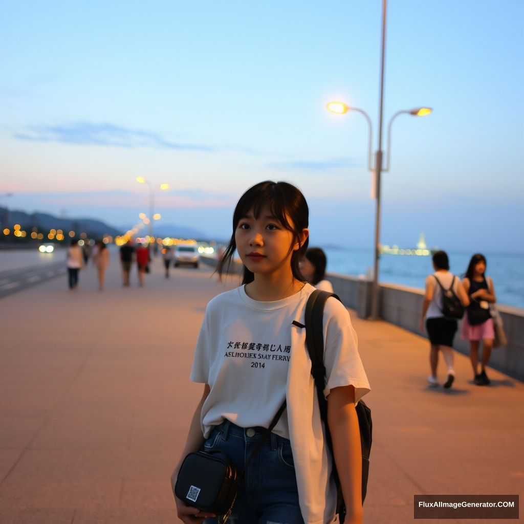 A female student walking by the seaside, beach, Chinese people, street, young girl, dusk, streetlight.