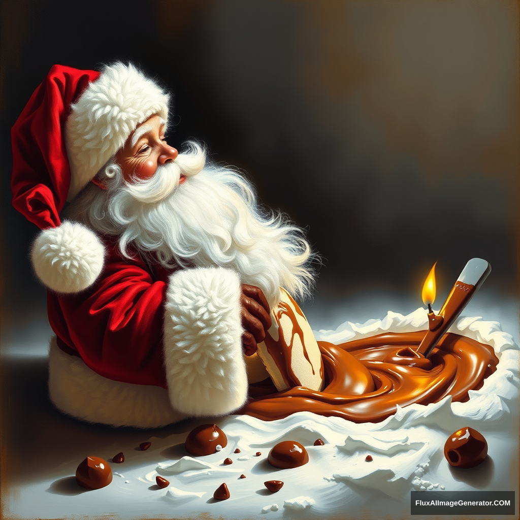 Santa stepped in some chocolate pudding, a painting by Authur Sarnoff, 4k.