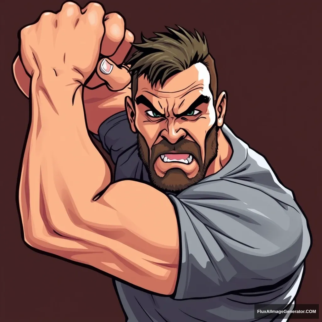 Cel-shaded art, a strong man is trying to grab something, portrait.