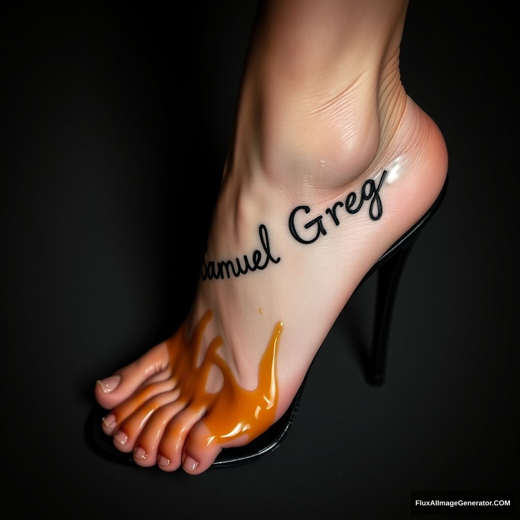 The name "Samuel Greg" on a woman's foot in a black high heel. There is oil all over the foot. - Image